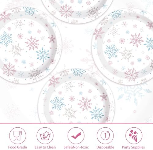 50Pcs Frozen Snowflake Party Decorations 9 Inch Disposable Winter Snowflake Wonderland Paper Plates Pink Blue Snow Wonderland Dessert Plates for Girls Xmas Baby Shower Holiday Birthday Party Supplies - Image 2