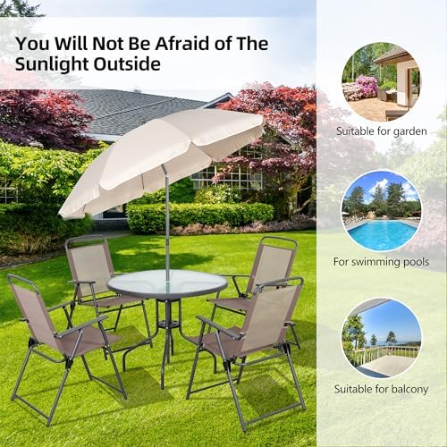 Vongrasig 6 Pieces Folding Patio Dining Set, All Weather Small Metal Outdoor Table and Chairs Set, Patio Furniture Set w/Umbrella, Glass Table & 4 Folding Chairs for Garden, Lawn, Backyard, Brown - Image 6