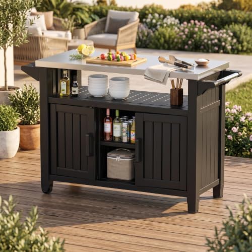EasyUp Outdoor Storage Cabinet,Patio Storage Table, Bar Table with Wheels,Outdoor Bar Cart for Patio, Poolside and Backyard, Standard Black - Image 6