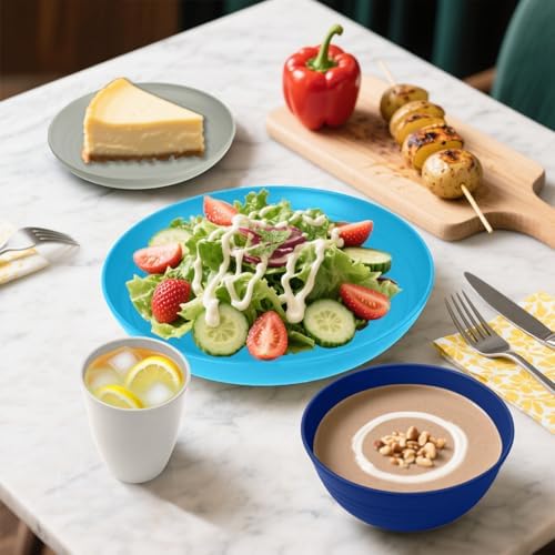 Wheat Straw Dinnerware Sets of 32, Unbreakable Plates and Bowls Sets Service for 8, Dinner Plate/Dessert Plate/Bowl/Cup, for Outdoor Camping RV Apartment Essentials - Island Color - Image 3