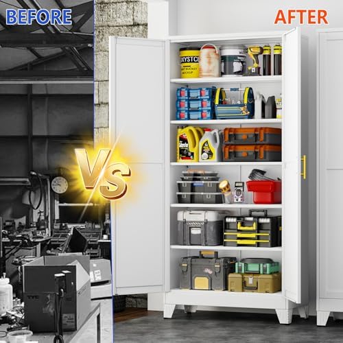 GAIOUS 75'' Tall Metal Garage Storage Cabinet,File Cabinet with 2 Doors and 5 Adjustable Shelves, Outdoor Steel Tool Cabinet for Home,Office,Warehouse,Garage,White - Image 5