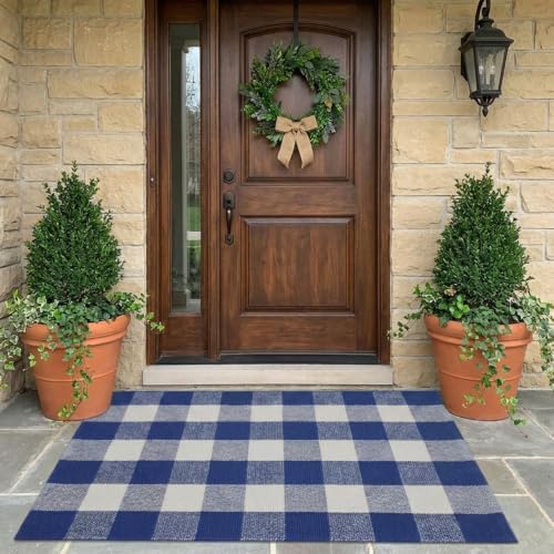 SEEKSEE Buffalo Plaid Outdoor Rug 27.5x43 Blue and White Front Door Mat, Layering Rug for Porch, Summer Doormat, Front Porch Rug for Outdoor Entrance Entryway Patio Porch Decor - Image 4