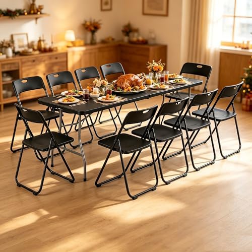8 Feet Foldable Picnic Table with 10 Folding Chairs for 10, Black - Image 2