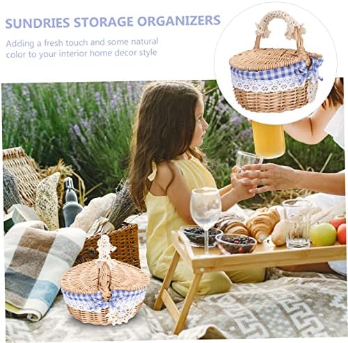Blue Rattan Picnic Basket with Lid, Woven Storage Hamper for Outdoor - Image 6