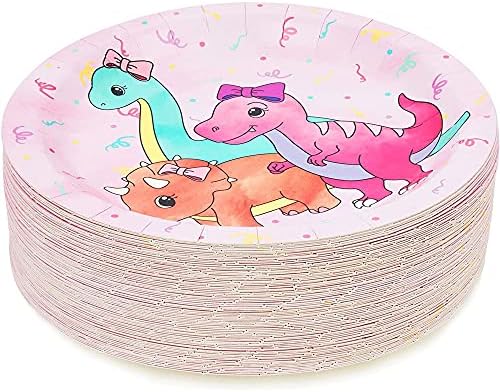 BLUE PANDA Happy Birthday Dinosaur Pastel Cake Paper Plates - 80-Pack, 9-Inch, Multicolor - Pink Dinosaur Party Plates for Birthday Party Tableware - Image 5
