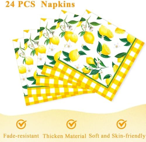 96Pcs Lemon Birthday Party Decorations Lemon Plates and Napkins Yellow Plaid Paper Plates Citrus Fruit Disposable Tableware for Summer Wedding Baby Shower Party Decoration Serve 24 Lemons - Image 4