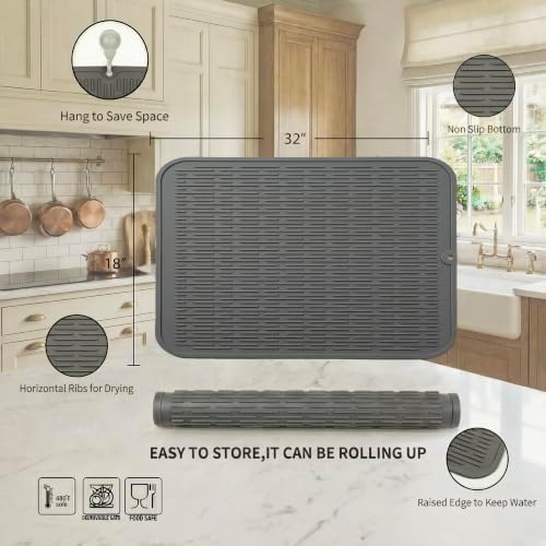 MicoYang Silicone Dish Drying Mat for Multiple Usage,Easy clean,Eco-friendly,Heat-resistant Silicone Mat for Kitchen Counter or Sink,Refrigerator or Drawer Liner Grey 4XL 32 inches x 18 inches - Image 2