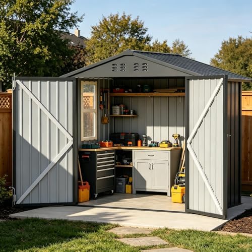 COMHOMA Outdoor Storage Shed with Window,Metal Lockable Garden Toolhouse, Ventilated Weather-Resistant Backyard Utility Workshop for Storage(Light Grey,6x4ft) by ComHoma