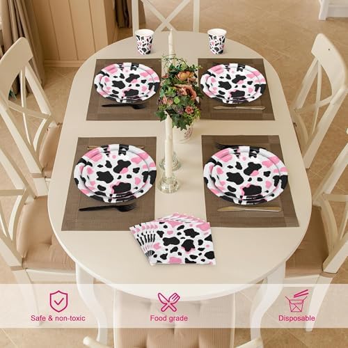 Kochorie 144 Pieces Pink Cow Print Party Supplies, Cowgirl Pink Cow Tableware Sets Including Disposable Paper Plates Napkins Cups Forks Serves 24 for Baby Shower Birthday Party Decorations - Image 5