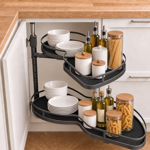 Blind Corner Cabinet Pull Out Organizer,Height-Adjustable 2-Tier Shelves by MUOLVSQ