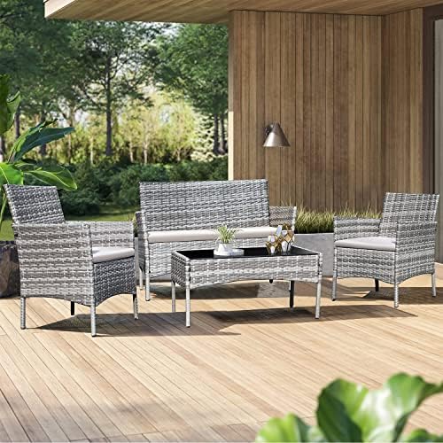 Homall 4 Pieces Outdoor Patio Furniture Sets Rattan Chair Wicker Set,Outdoor Indoor Use Backyard Porch Garden Poolside Balcony Furniture (Grey and Beige) - Image 5