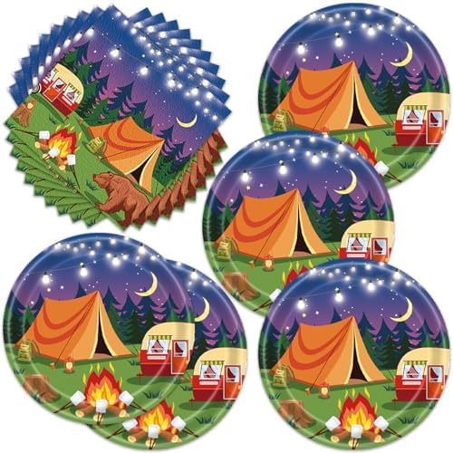 Egami 40pcs Camper Party Supplies,include 20 Dessert plate and 20 Napkin,Camping Adventure Bears Sign Party Plate Napkin Set，Used for Camping Party Decoration (greener2) by Egami