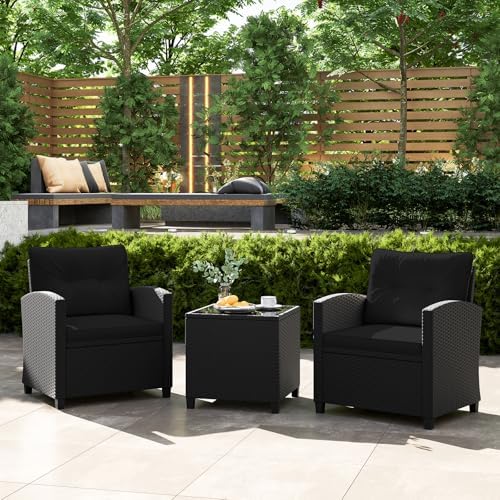 Tangkula 3 Piece Patio Furniture Set, Rattan Conversation Set w/Soft Seat & Back Cushions, Tempered Glass Topped Coffee Table, Cushioned Wicker Seating Set for Backyard, Porch, Poolside (Black) - Image 2