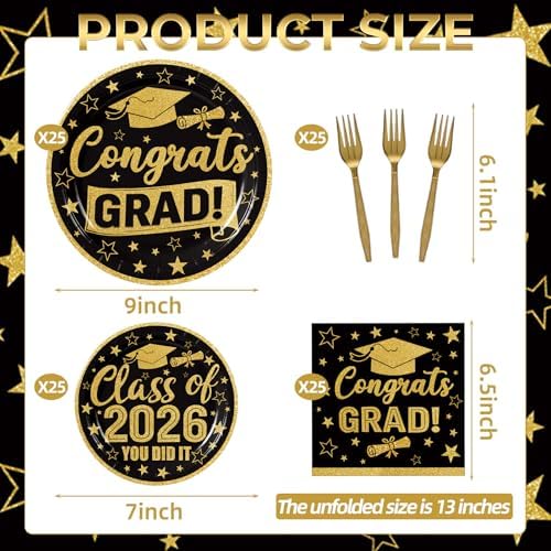100 Pcs Graduation Party Supplies Set, Serves 25 – Disposable Black and Gold Graduation Paper Plates, Napkins, and Forks, Congrats Grad Dinnerware for Class of 2026, Prom Party Decorations - Image 3