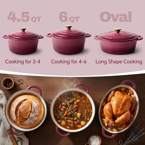 Vintage Style 6 Quart Dutch Oven Pot with Lid, Non Stick Enameled Cast Iron Dutch Oven for Bread Baking, Heavy-Duty, Oven Safe Ceramic Cookware Up to 500°F for Baking, Braising, Stews, Roasting, Rose - Image 3