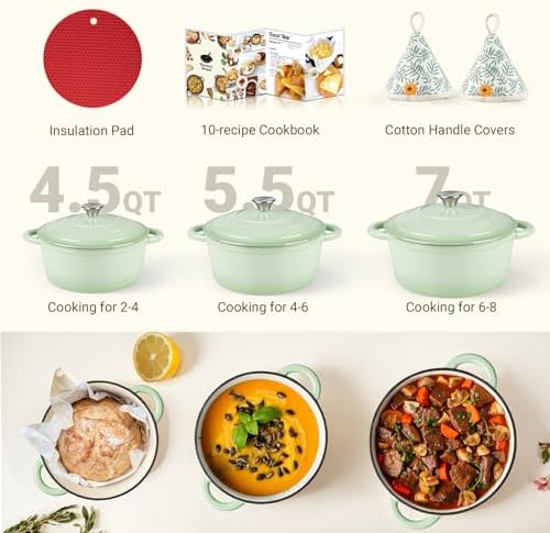 Overmont Enameled Cast Iron Dutch Oven - 7QT Pot with Lid Cookbook & Cotton Potholders - Heavy-Duty Cookware for Braising, Stews, Roasting, Bread Baking Verdant - Image 5