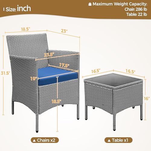 Yaheetech 3 Pcs Patio Conversation Set, Chairs & Side Table, Gray/Dark Blue - Image 4