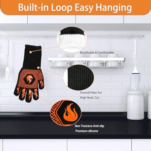BBQ Fireproof Gloves, Grill Cut-Resistant Gloves 1472°F Heat Resistant Gloves, Non-Slip Silicone Oven Gloves, Kitchen Safe Cooking Gloves for Oven Mitts,Barbecue,Cooking, Frying,13.5 Inch-Orange - Image 3