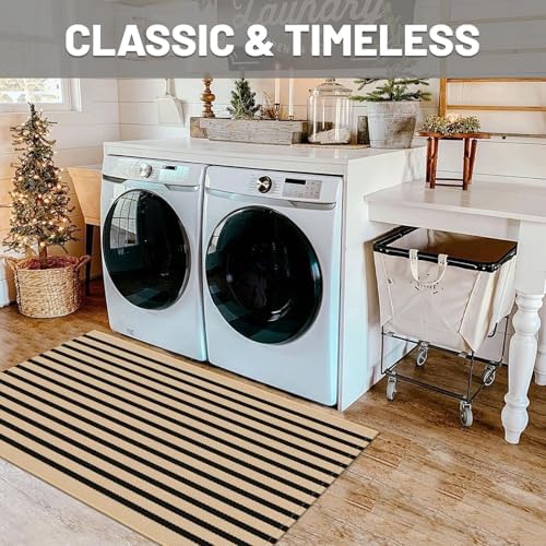 IOHOUZE 2.3x3.6 Striped Outdoor Door Mat, Washable Porch Rug, Tan Black - Image 4