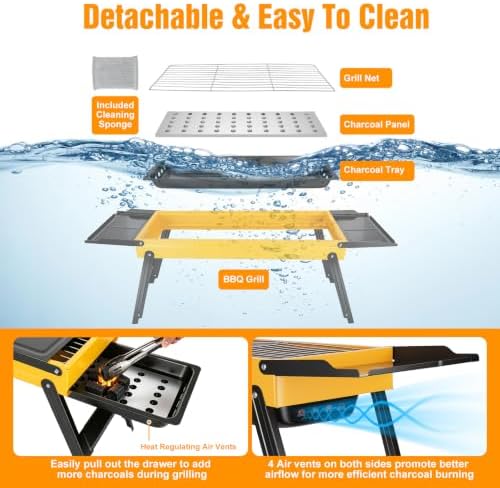 Portable Charcoal Grill, Small Stainless Steel Camping Tabletop BBQ Grill with Foldable Side Shelves, Compact Tabletop Barbecue with Carry Handle for Outdoor Picnic Backyard Beach Travel - Image 3