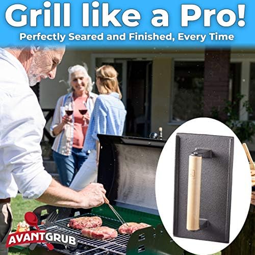 Pro Grade, Pre Seasoned Cast Iron Grill Weight 1Pk. Heavy Duty Steak and Burger Press with Wooden Handle for Grills, Griddles and Flattops. Perfect Gadget for Bacon, Paninis, Sandwiches and Vegetables - Image 2