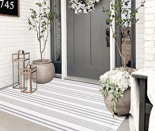 3'x 5'Outdoor Rug,Grey and White Striped Front Porch Mat Indoor Area Rug - Image 7