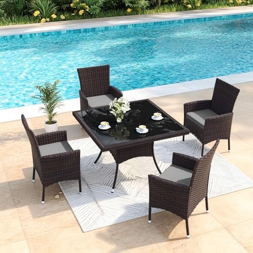 Gotland 5 Piece Outdoor Dining Set, All-Weather Rattan Patio Furniture Set with Umbrella Hole Tempered Glass Square Table, Outdoor Table and Chairs with Removable Cushions for Backyard, Deck, Grey by Gotland