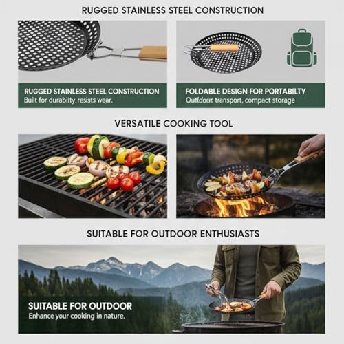 Diydeg Grilling Skillet, Stainless Steel Foldable Portable Camping BBQ Skillet with Round Even Heat Distribution, Durable Outdoor Cooking Tool, Grill Pan for Camping Outdoor Barbecue - Image 6
