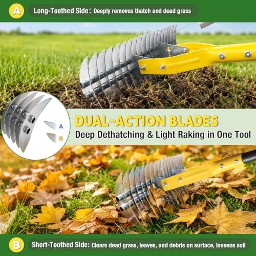 Thatch Rakes , 15-Inch Wide Thatching Rake for Cleaning Dead Grass, 70-Inch Efficient Steel Dethatcher Rake with Adjustable Metal Handle, Thatch Rakes for Lawns, Garden, Yard - Image 5