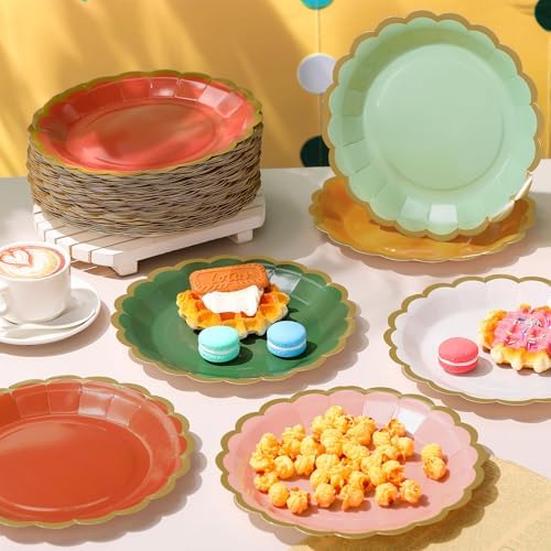 96 Pcs Colorful Paper Plates 9 Inch Boho Vintage Scalloped Paper Disposable Dinner Dessert Plates for Birthday Wedding Bridal Party Supplies, 6 Colors - Image 2