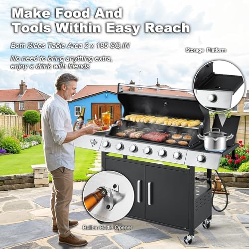 MELLCOM Upgraded 60,000 BTU Stainless Steel Burner Barbecue Grill, 6 Burner BBQ Propane Gas Grill with Side Stove & Cast Iron Grates for Patio, Camping, Outdoor Cooking - Image 7