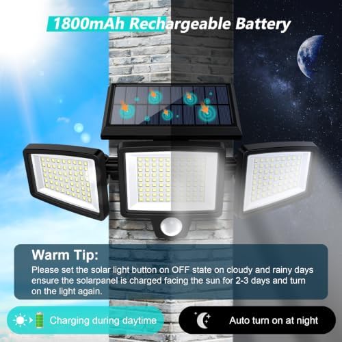 Tuffenough Solar Outdoor Lights 2500LM 210 LED Security Lights with Remote Control,3 Heads Motion Sensor Lights, IP65 Waterproof,270° Wide Angle Flood Wall Lights with 3 Modes(3 Packs) - Image 4