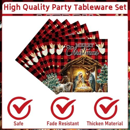 Christmas Nativity Party Decorations, 96PCS Happy Birthday Jesus Disposable Paper Plates and Napkins Decorations, Religious Buffalo Plaid Christmas Forks Supplies Serves 24 - Image 3