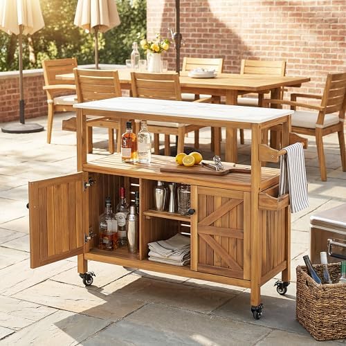 Christopher Knight Home Shina Outdoor Bar Cart with Marble-Effect Top + Lockable Wheels, Acacia Wood Outdoor Storage Cabinet with Open Shelves and 2 Doors, Kitchen Island Serving Cart, Natural - Image 4