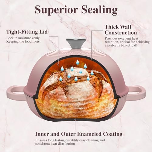Cast Iron Dutch Oven Pot with Lid, Round Bread Oven for Sourdough Bread Baking, Umite Chef Enameled Cast Iron Bread Oven with Dome Lid & Cotton Potholders for Sourdough, Pink, 6 Quarts - Image 5
