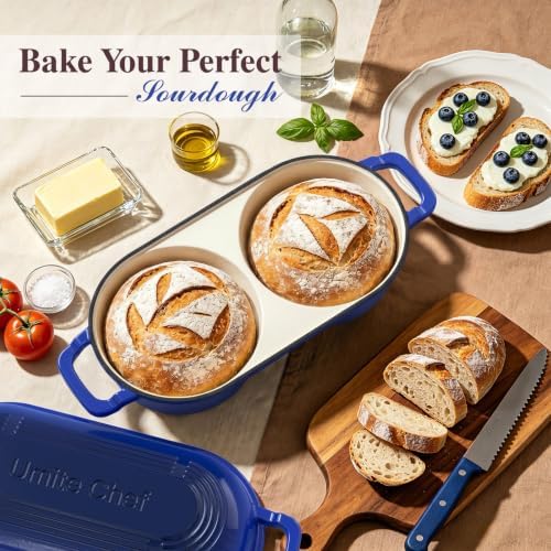 Umite Chef Mini Double Dutch Oven for Sourdough Bread Baking - Enameled Cast Iron Dutch Oven Pot with Lid and 5" Banneton Bread Proofing Basket Kit, Dual Round Bread Loaf Pan for Bread Baking (Blue) - Image 3