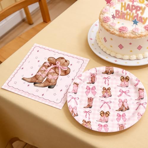 Coquette Bow Cowgirl Paper Plates Tableware Set 40PCS Western Cowgirl Birthday Party Supplies Pink Bowknot Boots Rodeo Bachelorette Party Plates and napkins for Wild West Baby Shower Decor - Image 5