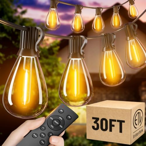30FT Outdoor String Lights with Remote, Waterproof Patio Lights with 10+1 Shatterproof LED Bulbs,Dimmable Hanging Decor for Backyard Garden Porch Bistro, Timer & 3 Modes,2200K Warm White by AMZRAP