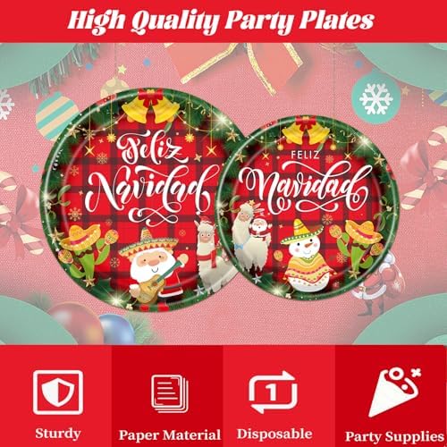 Feliz Navidad Party Decorations Tableware, 96PCS Mexican Christmas Glitter Disposable Paper Plates and Napkins Decoration, Spanish Feliz Navidad Forks Decor Supplies for 24 Guest - Image 4