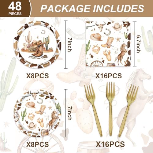 48pcs Cowboy Party Decoration Set,16 Dessert plate,16 Napkin And 16 Fork,Cowboy Disposable tableware for 16 persons,Used for Cowboy Party Supplies - Image 2