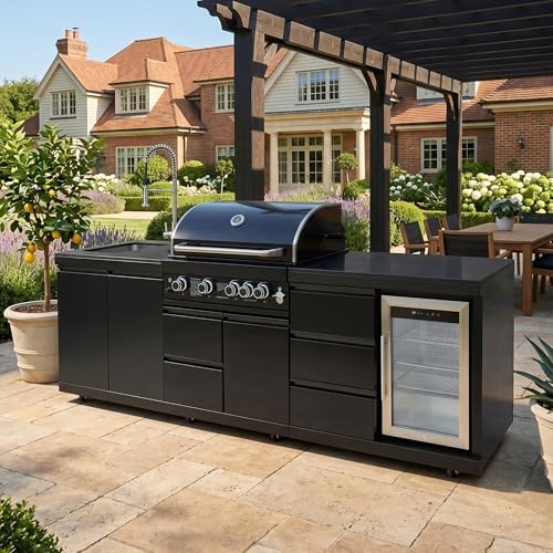 102.4 Inch Outdoor Kitchen Island, 4 Burner Propane Gas BBQ Grill 59500 BTU, 304 Stainless Steel Outdoor Grill Station with Sink, Refrigerator, Rotisserie, Storage Drawers & Cabinet, Black by Dvasovio