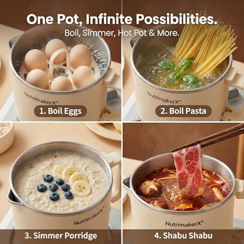 Electric Hot Pot, Mini Portable Ramen Cooker for Shabu Shabu, Soup, Oatmeal. Rapid Heating Electric Pot for Dorm Room & Quick Meals. Dual Power Control, Stainless Steel Interior. - Image 3