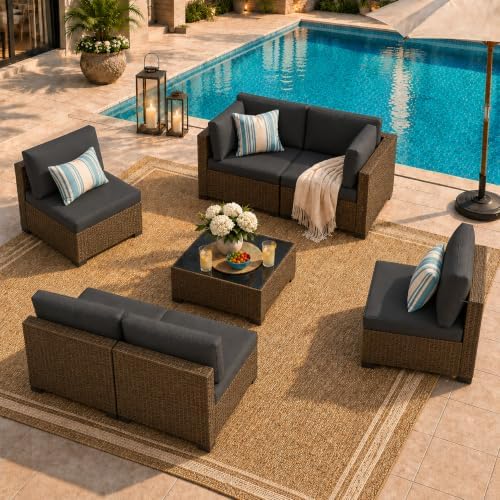 LOUVIXA 7 Piece Outdoor Patio Furniture Set, Outdoor Sectional Sofa, Wicker Rattan Patio Furniture, Patio Conversation Set with Coffee Table & Cushions - Image 7