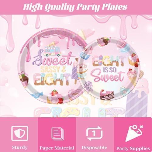 Sweet Sassy and Eight Birthday Decorations, 96PCS Donut 8th Birthday Disposable Paper Plates and Napkins Decoration for Girls, Ice Cream Theme Bday Forks Decor for 8 Year Old Girl Serve 24 - Image 4
