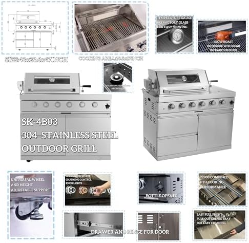 104-Inch 4-Burner 72000 BTU Deluxe Stainless Steel Propane Gas Outdoor Kitchen Bar, BBQ Island Grill with Wine Cooler, Compact Refrigerator, Rotisserie & Granite Countertops, For Backyard BBQ, Sliver - Image 5