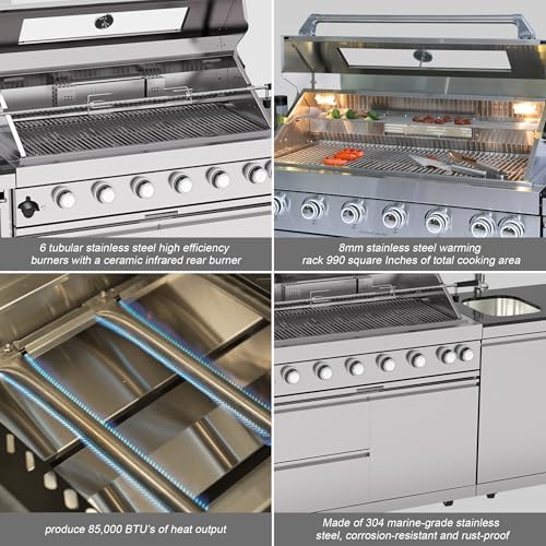 Outdoor Kitchen Island, 82 Inch 6 Burner Propane Gas Grill Combination With Refrigerator and Sink, Outdoor Stainless Steel Barbecue Bar, Propane Grill, 85000 BTU - Image 5