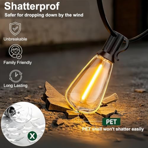 Outdoor String Lights,120FT 60+2 ST38 Shatterproof Vintage Edison LED Bulbs - Image 3