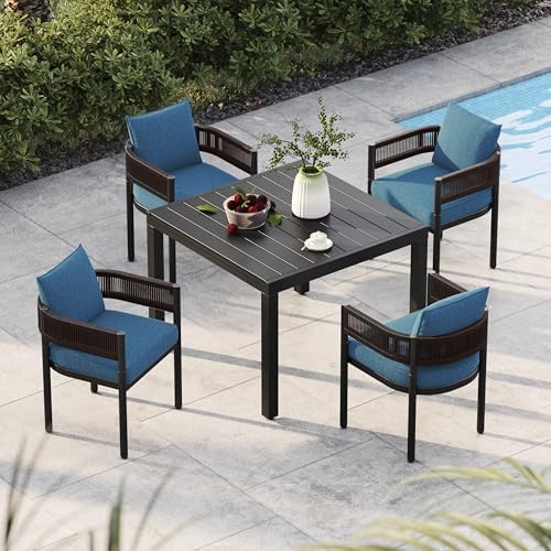 Grand patio 5-Piece Outdoor Dining Set for 4 with 1 Rectangle Expandable Table for 4-6 Person, Metal Woven Wicker Fixed Patio Chairs with Thickened Cushions for Yard, Poolside (Brown) by GrandPatio