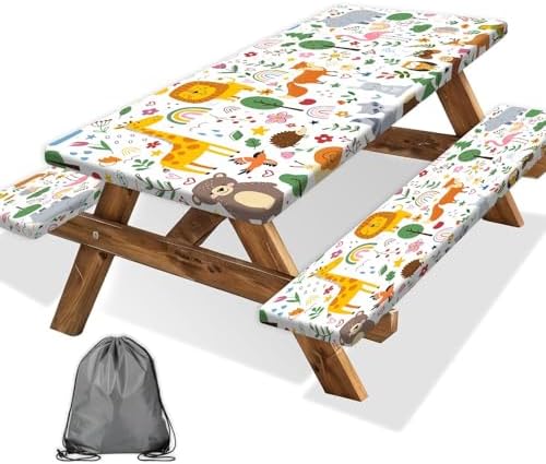 Picnic Table Cover with Bench Covers, Camping Essentials, Jungle Animal Cute Waterproof Windproof Camping Tablecloth, Fitted Tablecloth Cover with Elastic Edge for Indoor Outdoor 30x72 Inch by Xguatan