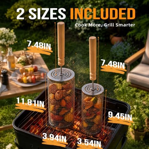 Rolling Grill Basket for BBQ, Removable Wooden Handle, Gifts for Men Dad - Image 4